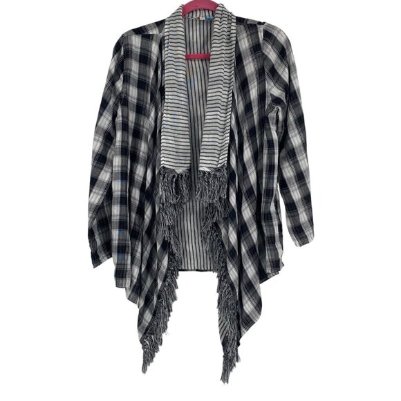 Umgee Womens M Black White Plaid Fringe Roll Tab Sleeve Drape Front Cardigan - Picture 1 of 12